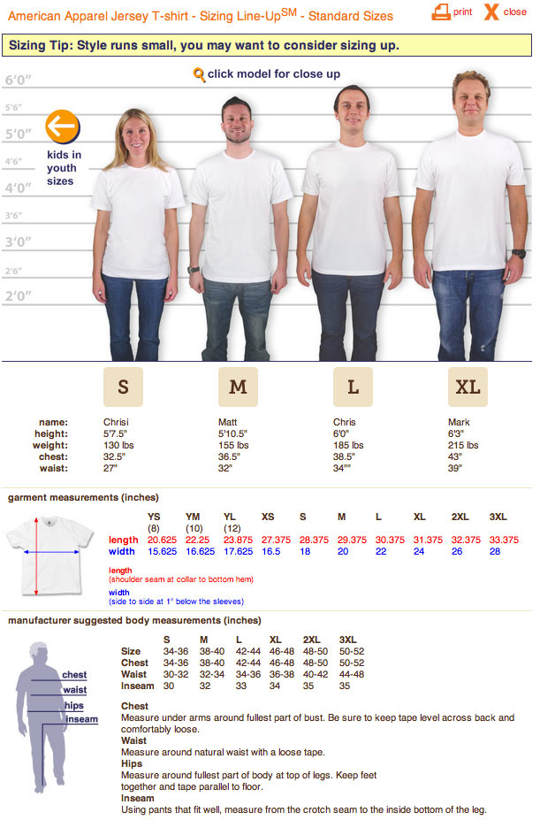 American Apparel Size Chart Mens